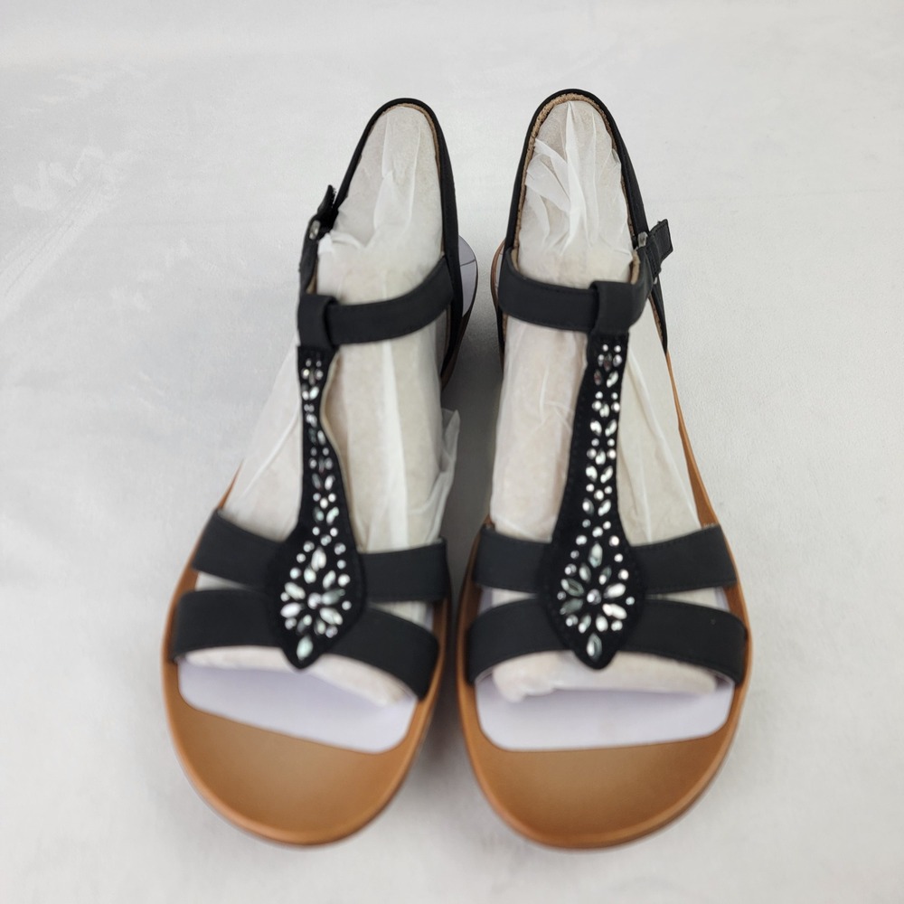 Soul Naturalizer Smooth Black Rhinestone T-Strap Wedge Sandals Womens 11 M NEW - Picture 2 of 7
